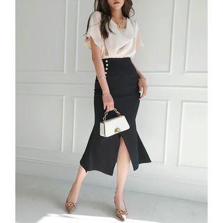 Button-trim Slit-front Mermaid Skirt