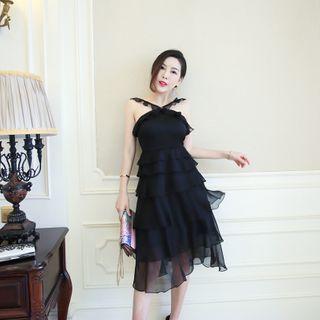 Ruffle Trim Cross Strap Layered Midi A-line Dress