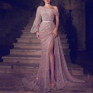 Balloon-sleeve Asymmetrical Slit Sheath Evening Gown