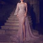 Balloon-sleeve Asymmetrical Slit Sheath Evening Gown