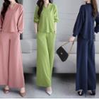Set: Split-neck Blouse + Wide-leg Pants