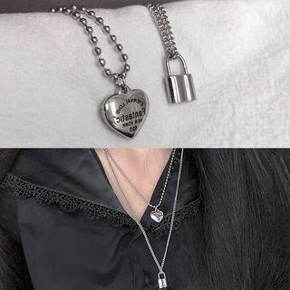 Stainless Steel Heart & Padlock Pendant Necklace 0059a - Silver - One Size