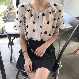 Set: Short-sleeve Heart Print Blouse + Camisole