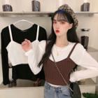 Plain Long-sleeve Top/ Knitted Cropped Camisole Top