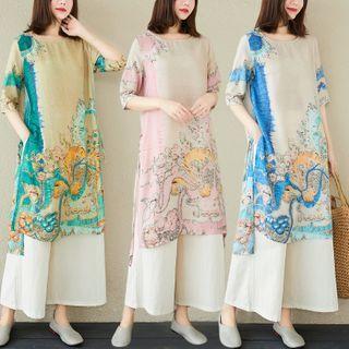 Set: Patterned Elbow-sleeve T-shirt + Wide Leg Pants