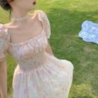 Floral Short Sleeve Gathered-waist A-line Dress