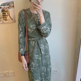Printed Long-sleeve Midi Shift Dress Green - One Size