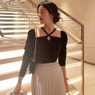 Long-sleeve Strappy Square-neck Top Black - One Size