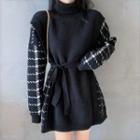 Mock Two-piece Plaid Panel Sweater Dress Black - One Size