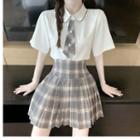 Piping Trim Short-sleeve Blouse / Plaid Pleated Skirt