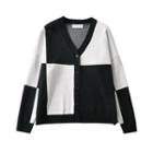Two-tone Plaid V-neck Knit Cardigan Black & White - One Size