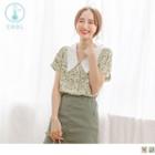 Short-sleeve Collared Floral Chiffon Blouse