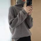 High-neck Long-sleeve Striped Plain Knit Sweater