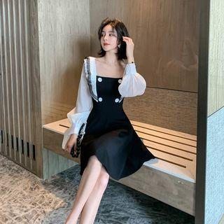 Lace Trim Square-neck Long-sleeve A-line Dress