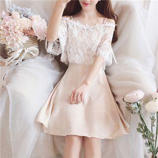 Set: Spaghetti Strap Plaid Dress + 3/4-sleeve Off-shoulder Lace Top