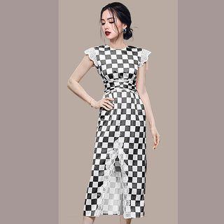 Cap-sleeve Checker Print Bodycon Dress