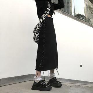 Lace Up Mid A-line Denim Skirt