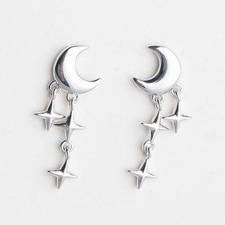 925 Sterling Silver Moon & Star Dangle Earring 1 Pair - S925 Sterling Silver - Silver - One Size