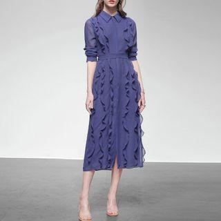 Ruffle Long-sleeve Midi Collared Dress
