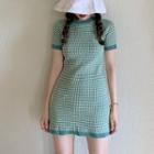 Checked Short-sleeve Mini Knitted Dress Green - One Size