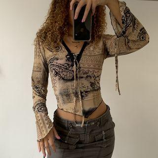 Print V-neck Long Sleeve T-shirt