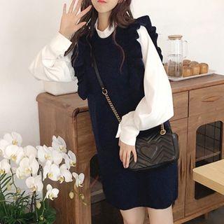 Lantern-sleeve Blouse / Ruffle Trim Pinafore Knit Dress