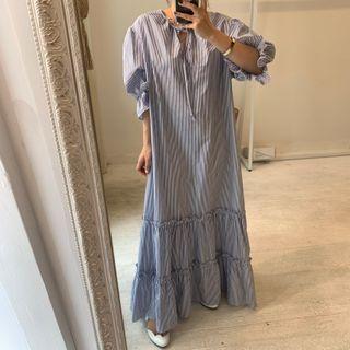 Elbow-sleeve Striped Maxi Dress Blue - One Size