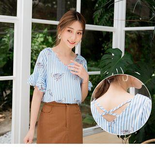 Ruffle Sleeve Striped V-neck Top