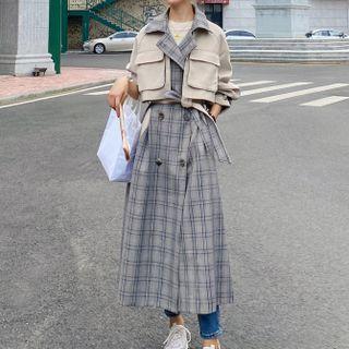 Gingham Panel Long Coat With Sash