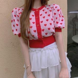 Puff-sleeve Heart Print Cardigan