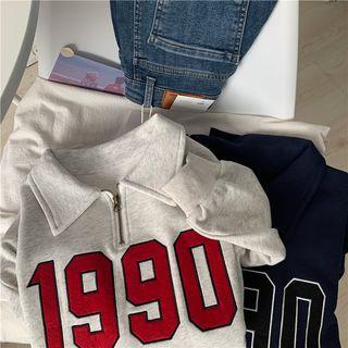 Number Embroidered Zip Polo Sweatshirt