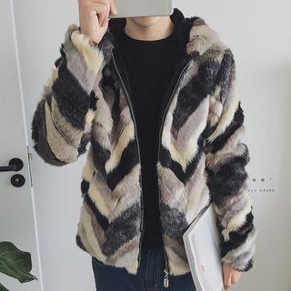 Chevron Hooded Faux Fur Jacket