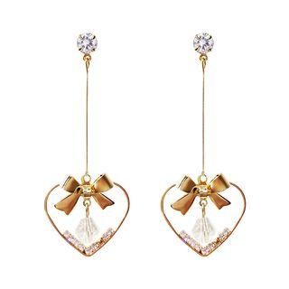 925 Sterling Silver Heart Dangle Earring Bow & Heart - Gold - One Size