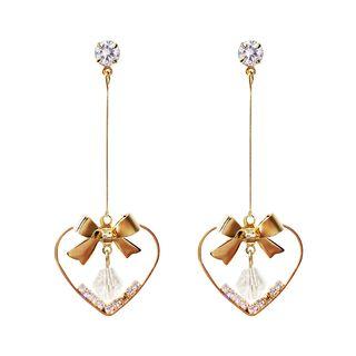 925 Sterling Silver Heart Dangle Earring Bow & Heart - Gold - One Size