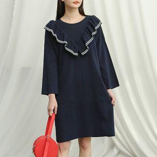 Round-neck Ruffle-detail Knit Dress Navy Blue - One Size
