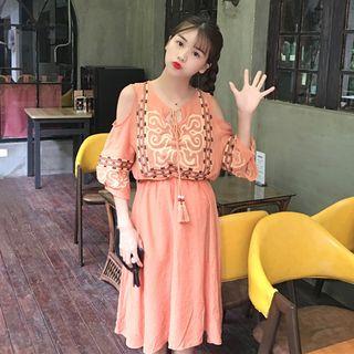 Tasseled Embroidered Cut Out Shoulder Elbow Sleeve Dress