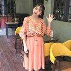 Tasseled Embroidered Cut Out Shoulder Elbow Sleeve Dress