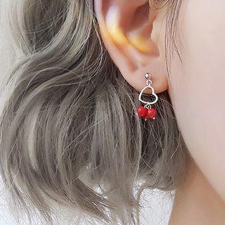 Heart Bead Drop Earring 1 Pair - Red & Silver - One Size