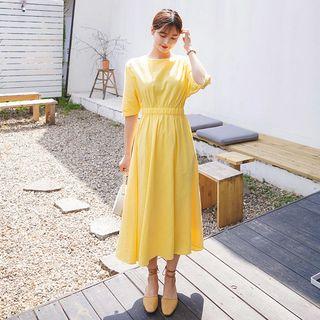 Smocked-waist Long Linen Blend Dress