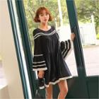 Flare-sleeve Contrast-trim Mini Dress Black - One Size