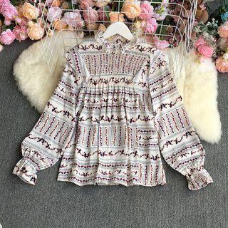 Long-sleeve Mock-neck Floral Print Blouse