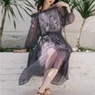 Set: Off-shoulder Long-sleeve Midi A-line Dress + Floral Spaghetti Strap Dress