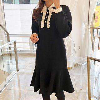Tie-neck Faux-pearl Ruffled Shirtdress