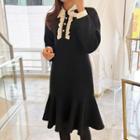 Tie-neck Faux-pearl Ruffled Shirtdress