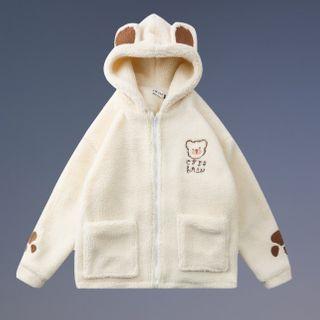 Bear Ear Panel Letter Embroidered Fleece Zip Hoodie