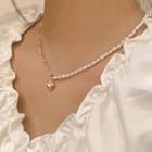 Asymmetric Alloy Heart Pendant Freshwater Pearl Necklace Necklace - Peandant - Love Heart - One Size
