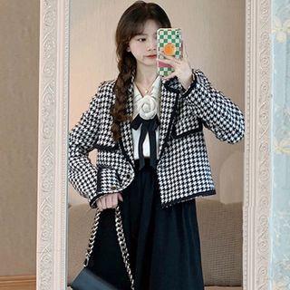 Long-sleeve Houndstooth Cropped Blazer / Peter Pan-collar Shirt / Midi A-line Skirt
