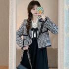 Long-sleeve Houndstooth Cropped Blazer / Peter Pan-collar Shirt / Midi A-line Skirt