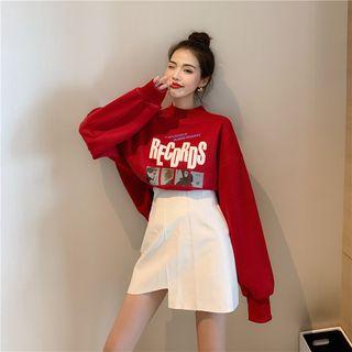 Lettering Mock Neck Pullover / Asymmetric Mini Skirt