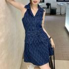 Sleeveless Argyle Print A-line Denim Dress Dark Blue - One Size